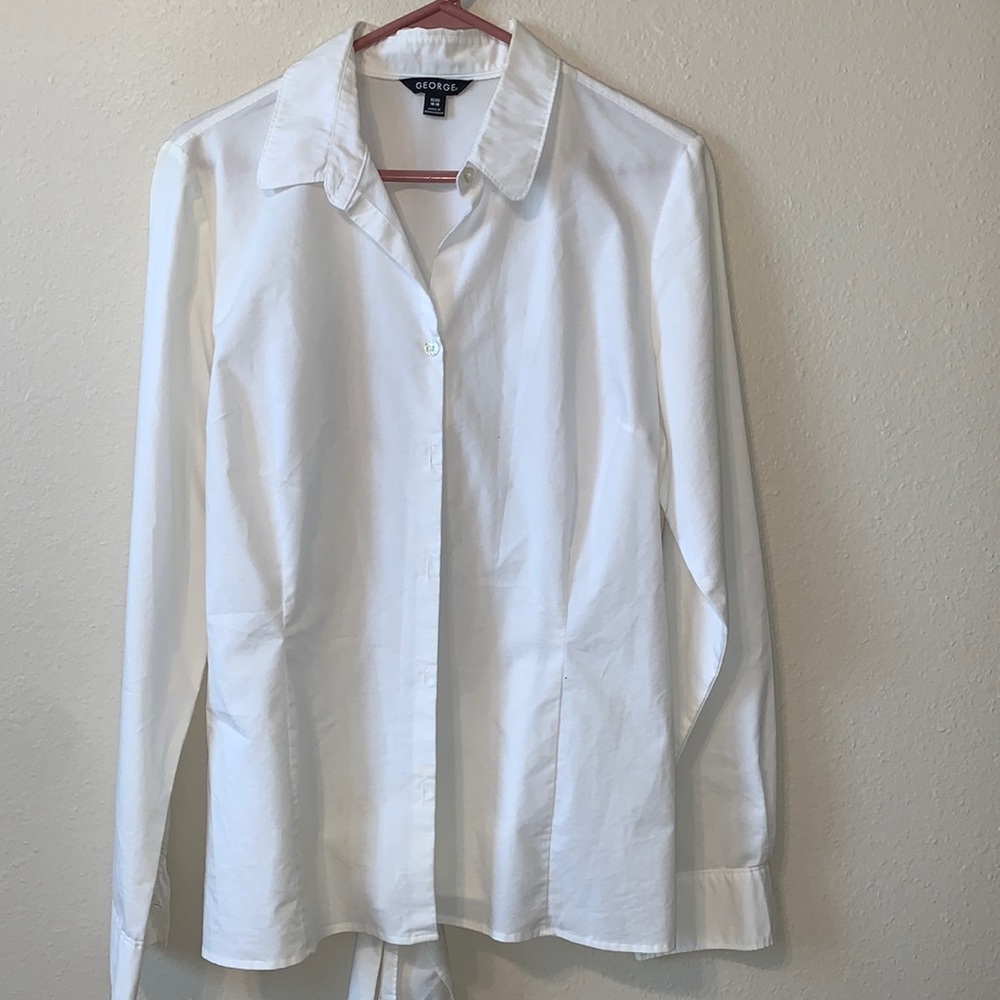 White Long sleeve button down blouse with tie